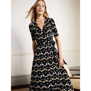 BODEN Lavinia Midi Wrap Dress Black Floral Print Jersey Half Sleeve NWT Size 8R